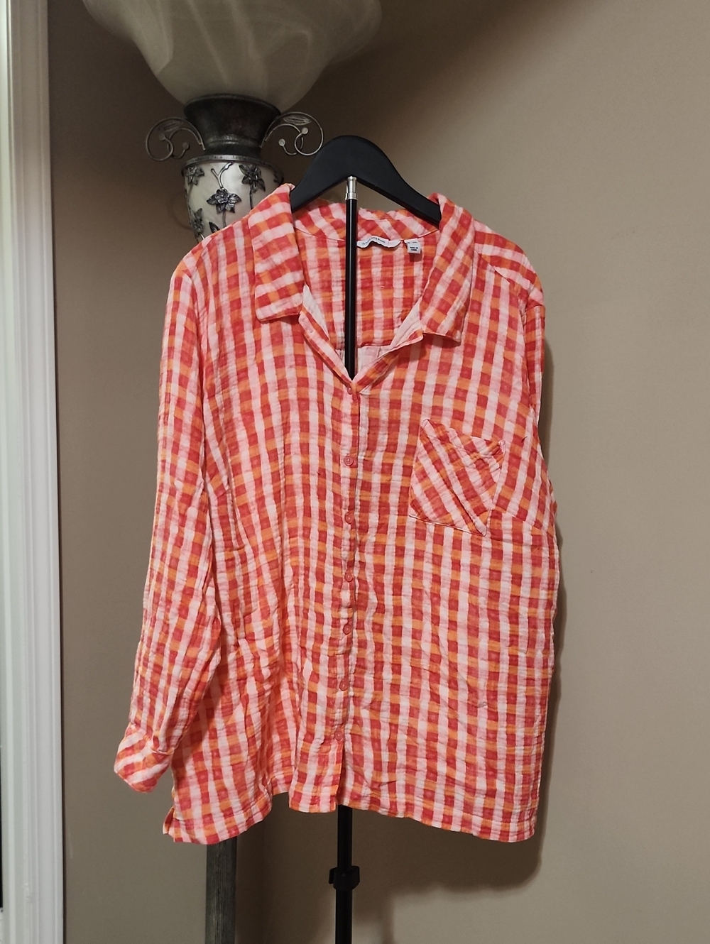 Isaac Mizrahi Orange and Cream Plaid Button-Down Shirt